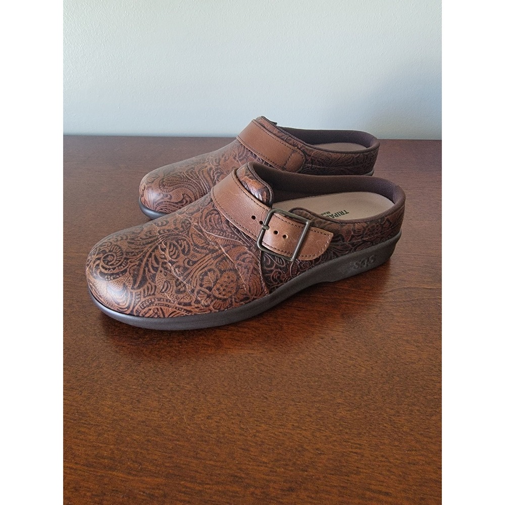 SAS Clog Brown Leather Embossed Paisley Floral Buckle Clog Shoes Womens 7 M West